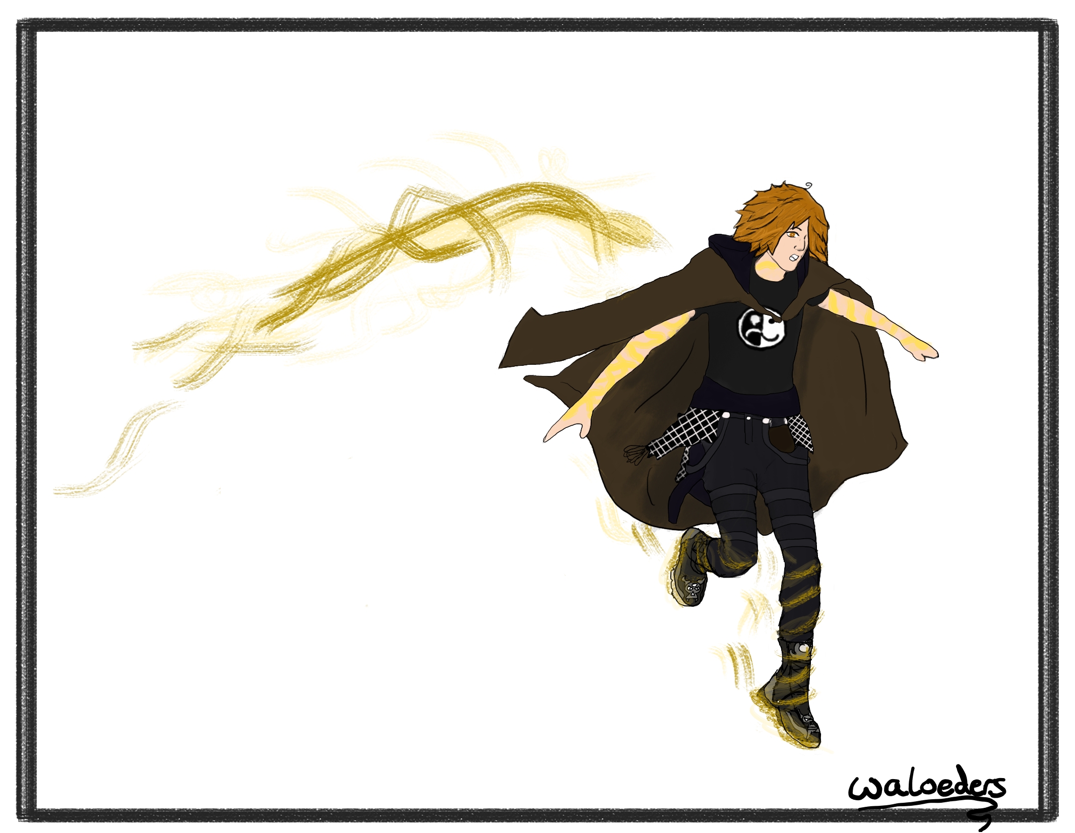 a drawing of jupe jumping in mid air in an empty background. he is a white man wearing a fall out boy 'stardust' album shirt and a cloak. he is shocked and has streaks of golden magic over his arms and trailing behind him