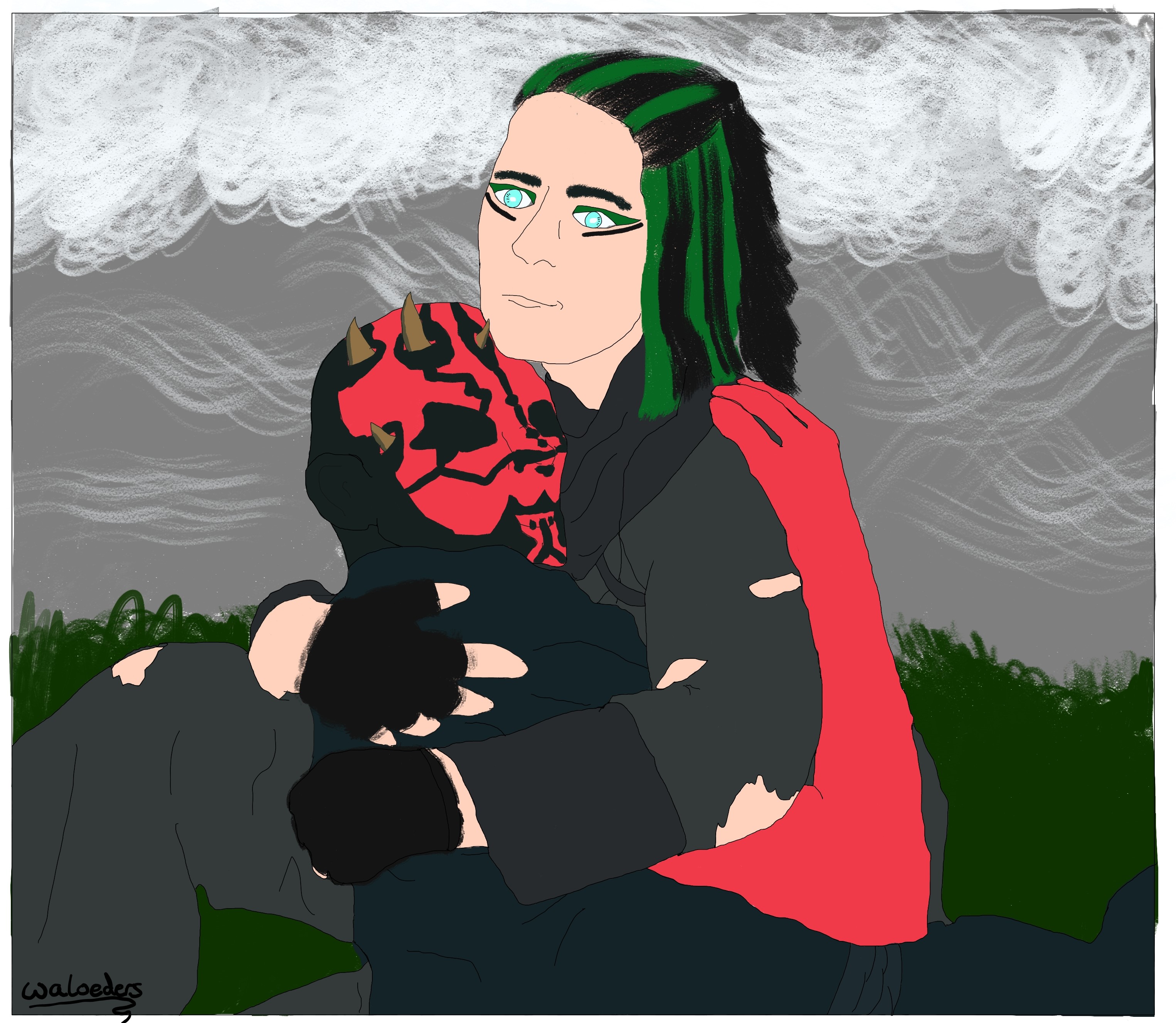 art of darth maul
                    being held by a person with black hair and green streaks. they have red
                    blood on them and ripped clothes.