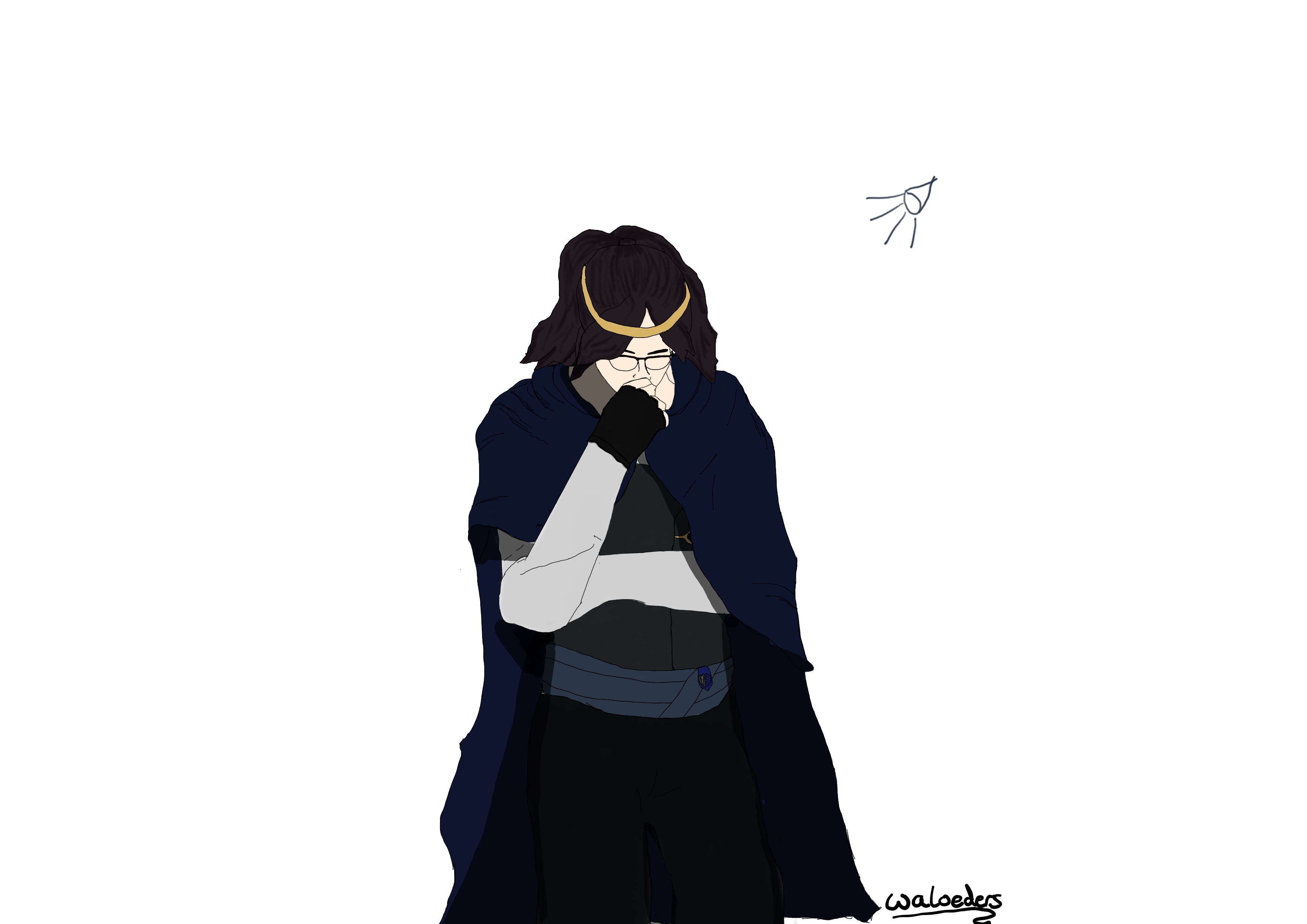 a wip art of kosmos standing and his arms are crossed, thinking. kosmos is a white man with purple-black hair in ponytail, with glasses and a large black cloak