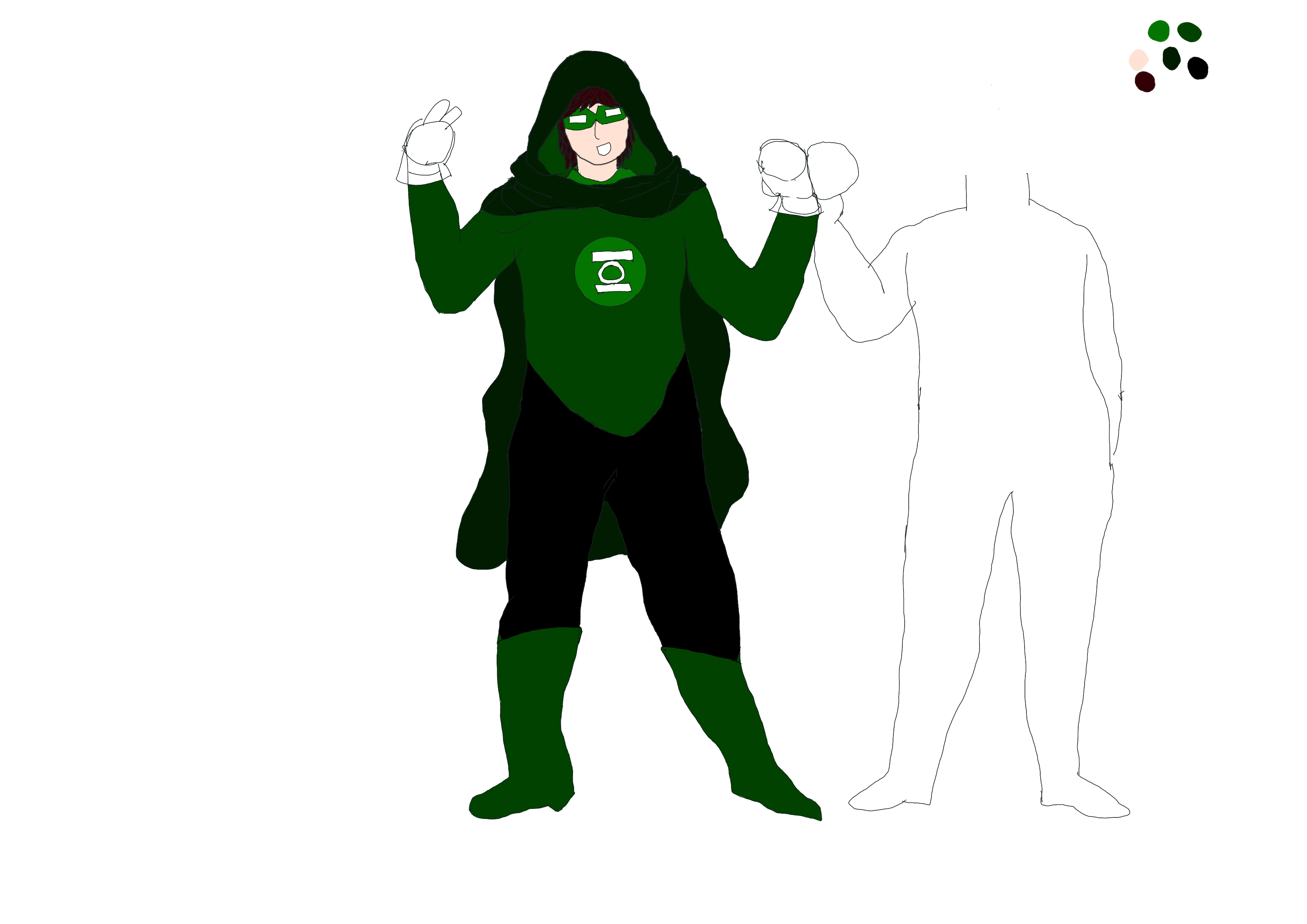 a wip drawing of a white
          man with dark red hair in a hooded green lantern suit. he is standing with a
          smirk on his face and 'flipping the bird' to the viewer.